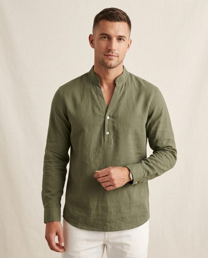 Lands Fashion - Cakar | Band Collar Linen Shirt Men