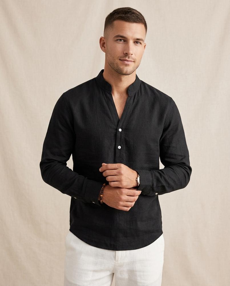 Lands Fashion - Cakar | Band Collar Linen Shirt Men