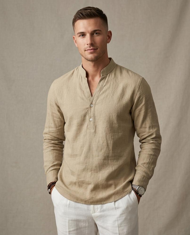 Lands Fashion - Cakar | Band Collar Linen Shirt Men