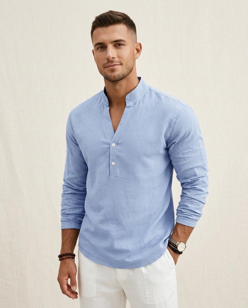 Lands Fashion - Cakar | Band Collar Linen Shirt Men
