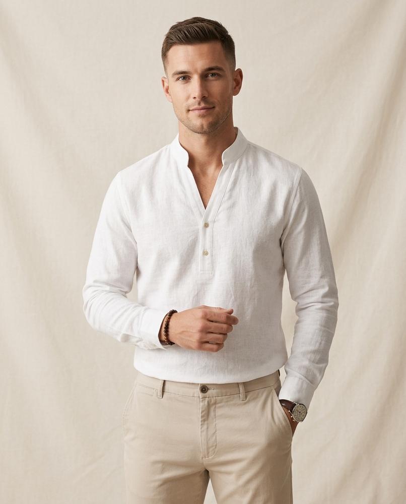 Lands Fashion - Cakar | Band Collar Linen Shirt Men