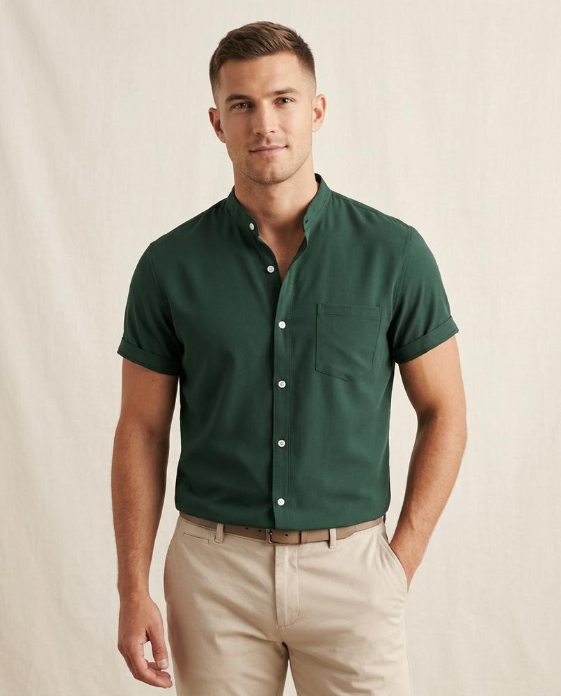 Lands Fashion - Zemin | Short-Sleeved Band Collar Shirt Men