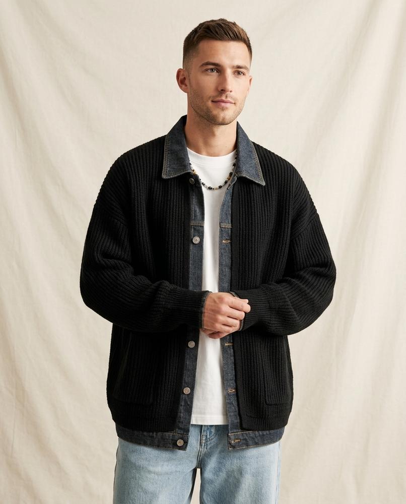 Lands Fashion - Romon | Rib-Knit Denim-Trim Knit Cardigan Men