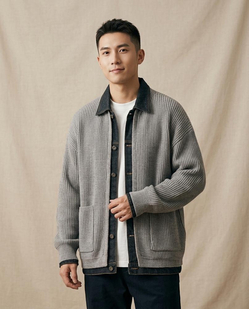 Lands Fashion - Romon | Rib-Knit Denim-Trim Knit Cardigan Men