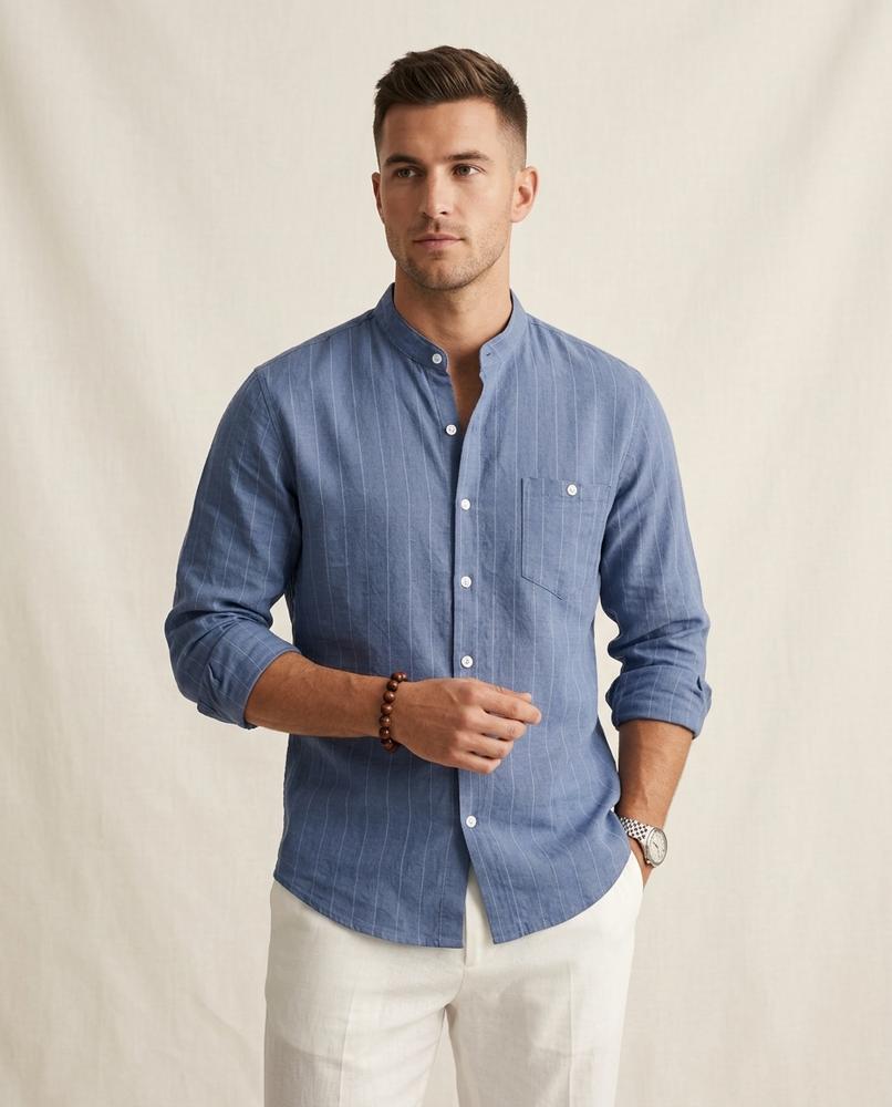 Lands Fashion - Yoser | Pinstriped Band Collar Shirt Men