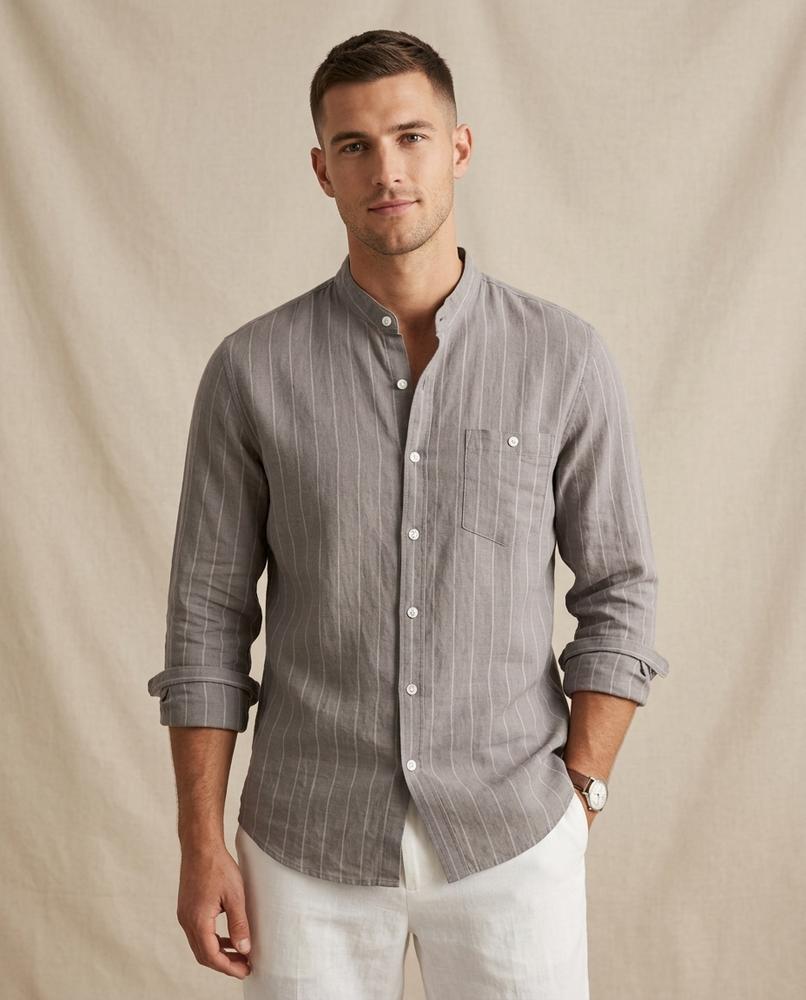 Lands Fashion - Yoser | Pinstriped Band Collar Shirt Men