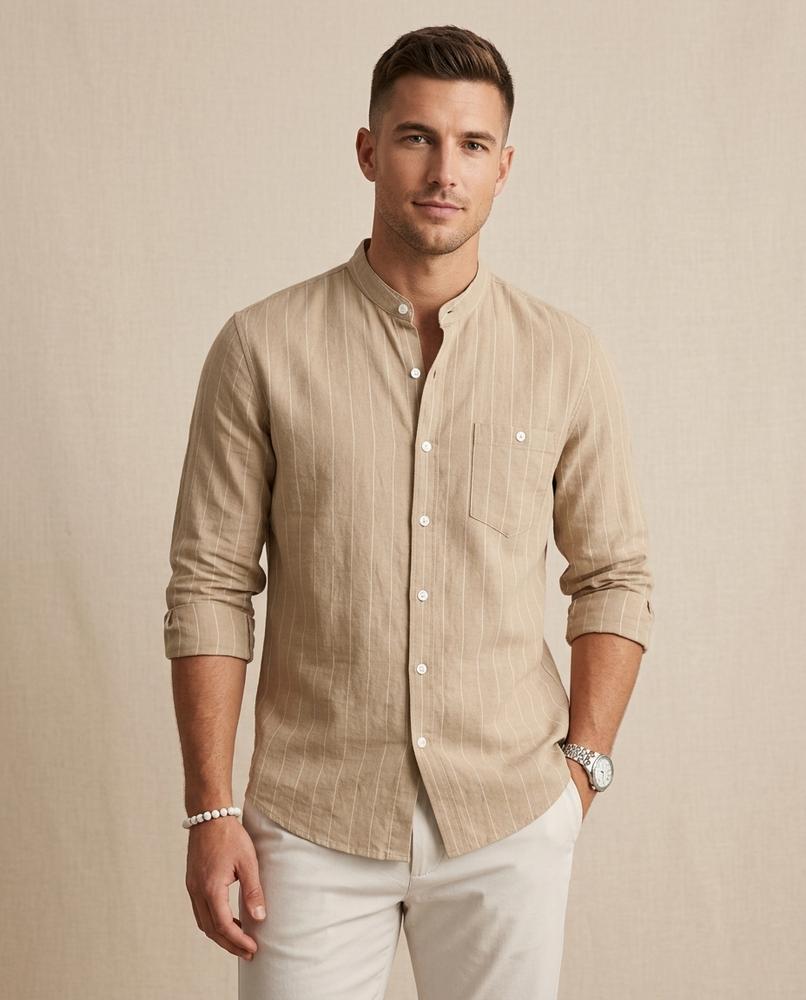 Lands Fashion - Yoser | Pinstriped Band Collar Shirt Men
