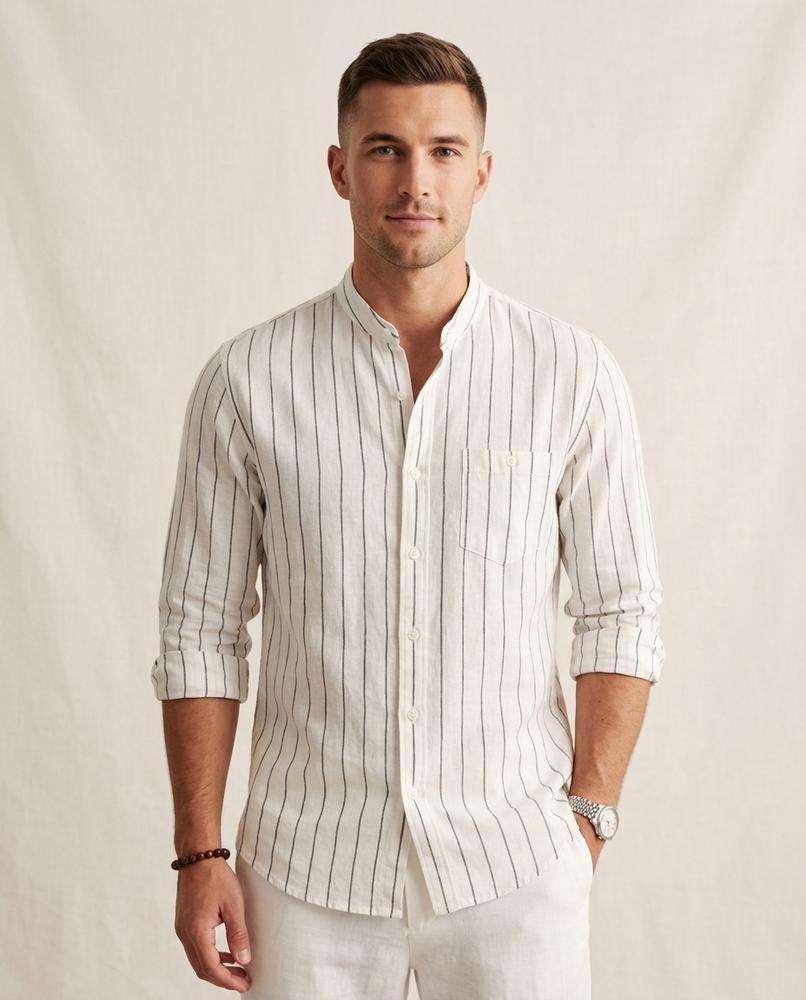 Lands Fashion - Yoser | Pinstriped Band Collar Shirt Men