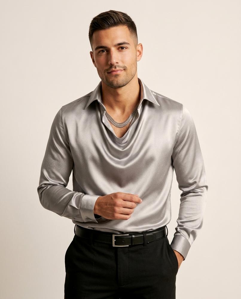 Lands Fashion - Lasin | Draped Satin-Finish Shirt Men