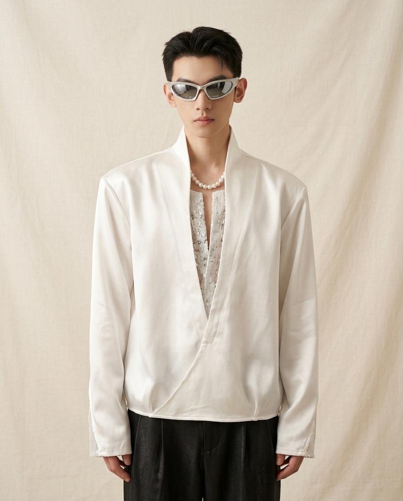 Lands Fashion - Karev | Satin-Finish V-Neck Shirt Unisex