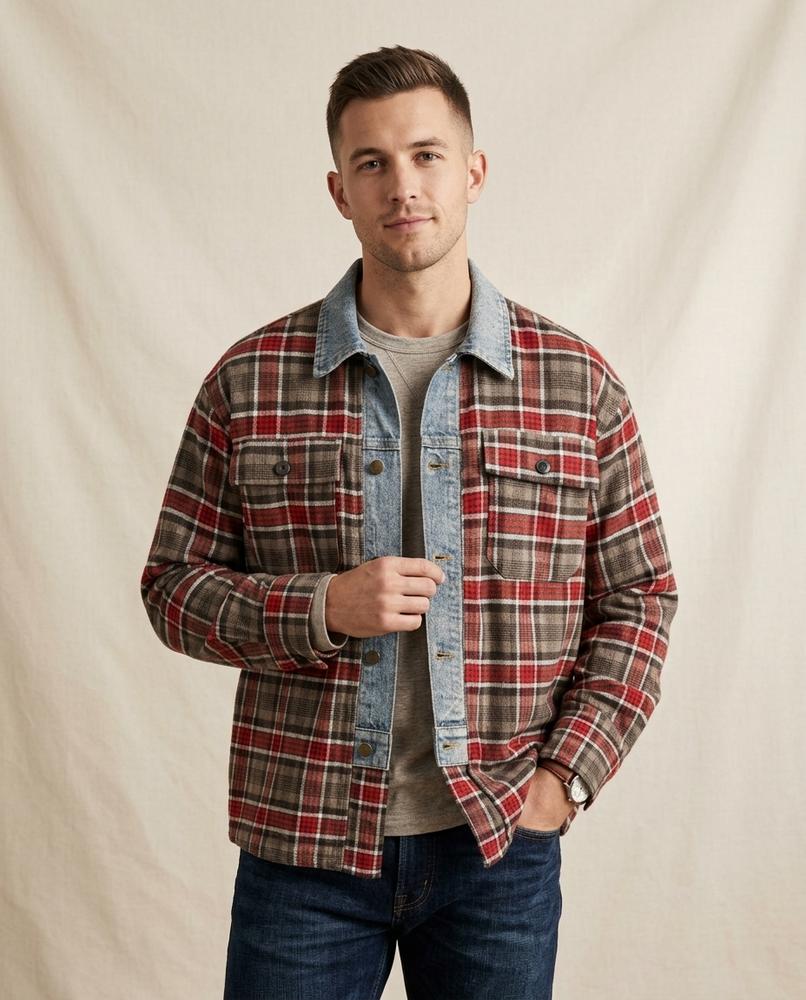 Lands Fashion - Nover | Plaid Contrast-Denim Jacket Men