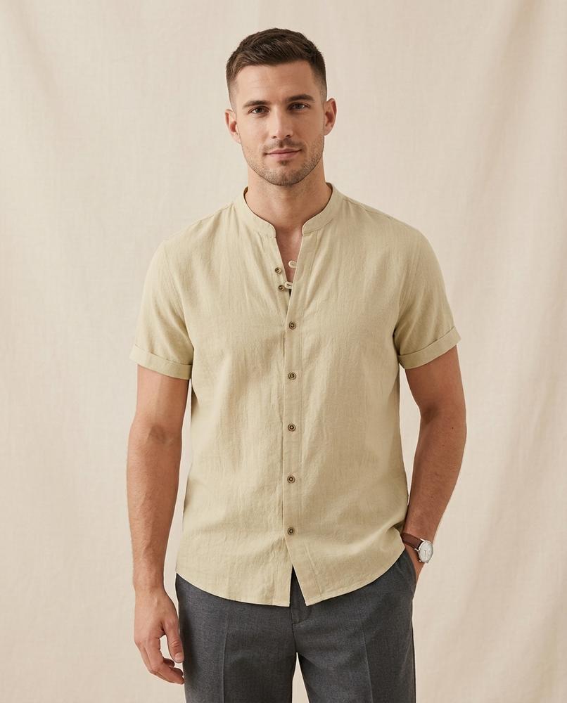 Lands Fashion - Neser | Band Collar Short-Sleeved Shirt Men
