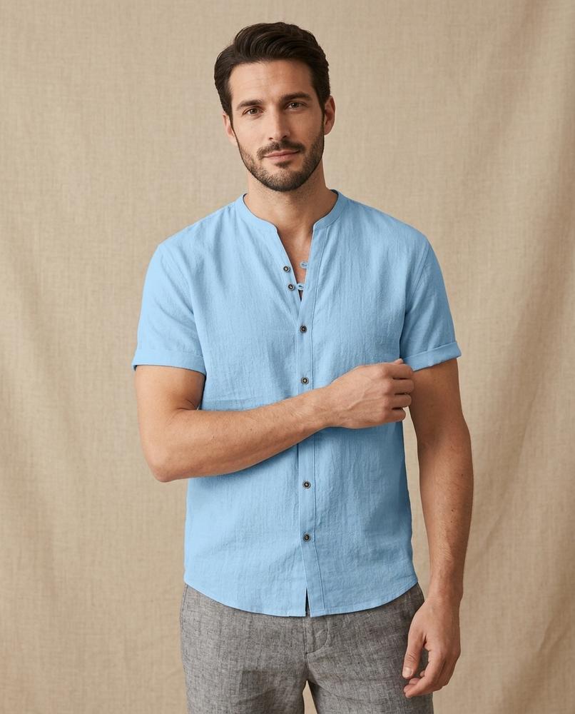 Lands Fashion - Neser | Band Collar Short-Sleeved Shirt Men