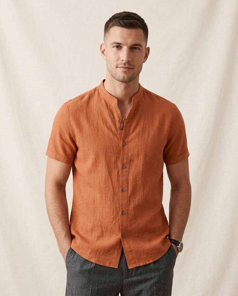 Lands Fashion - Neser | Band Collar Short-Sleeved Shirt Men