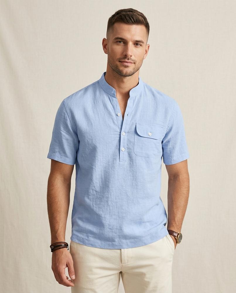 Lands Fashion - Talen | Linen-Blend Band-Collar Shirt Men