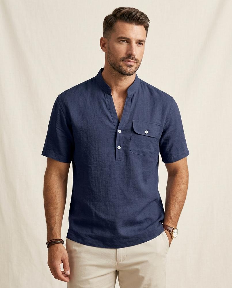 Lands Fashion - Talen | Linen-Blend Band-Collar Shirt Men