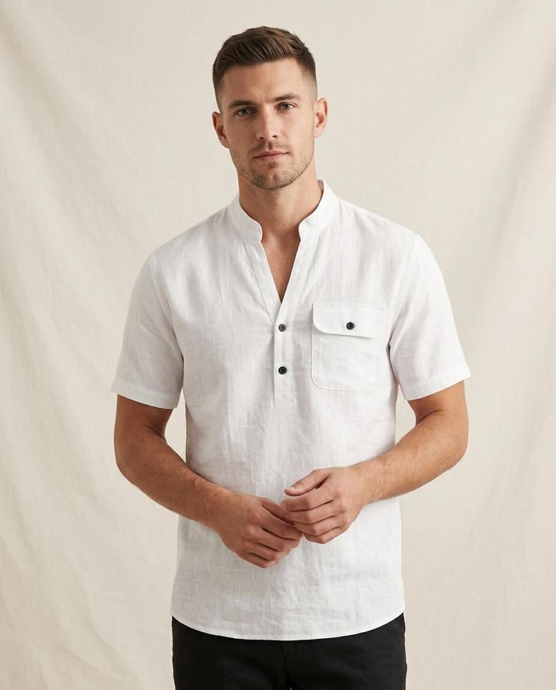 Lands Fashion - Talen | Linen-Blend Band-Collar Shirt Men